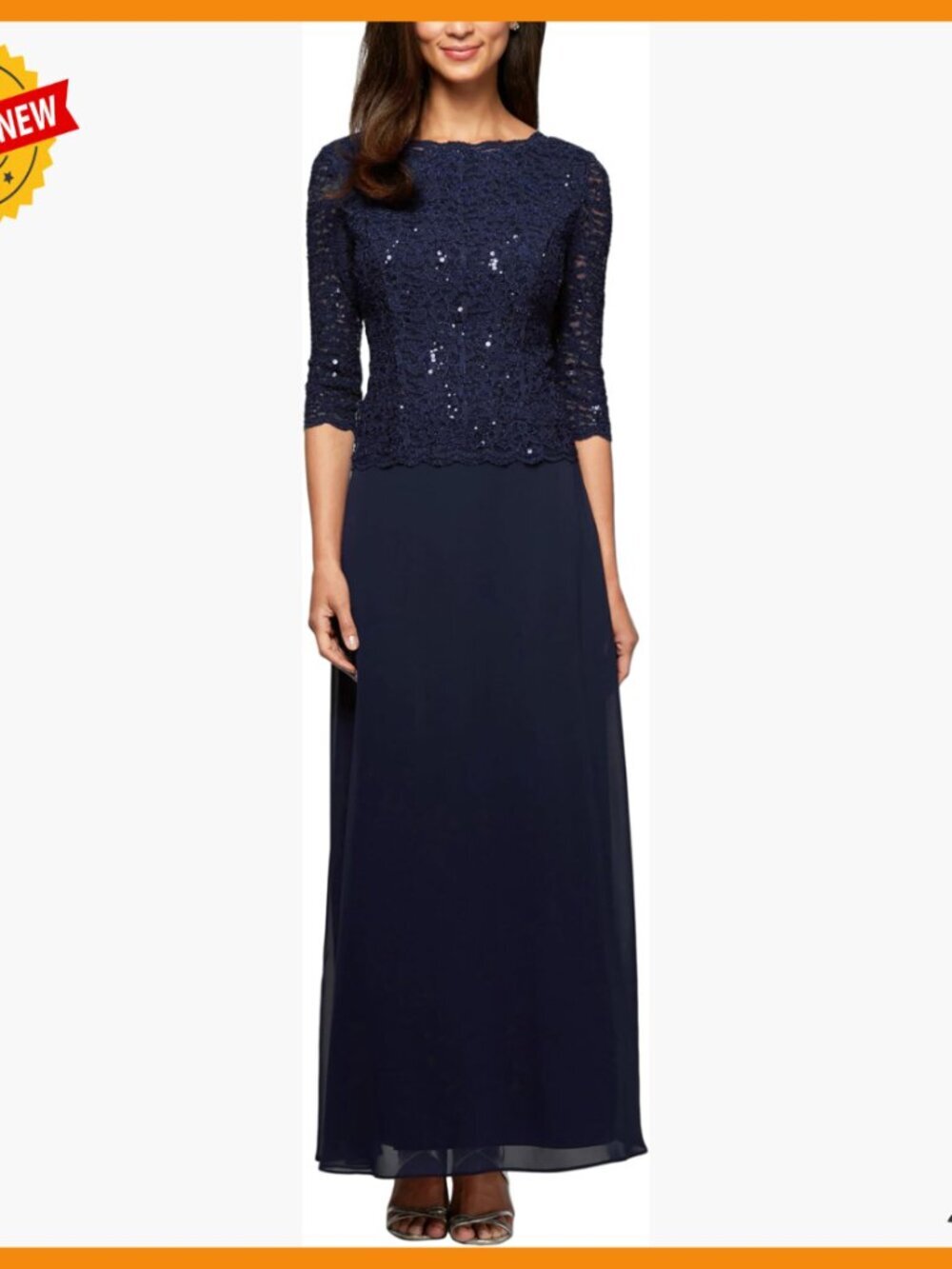 3/4 Sleeve Stretch Lace Bodice Mock One Piece Gown Formal Dress